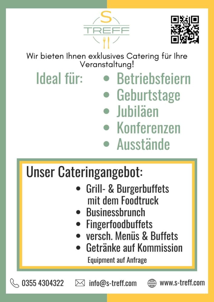 Flyer für S-Treff Kantinen in Cottbus mit Catering, Feiern, Jubiläen, Konferenzen.